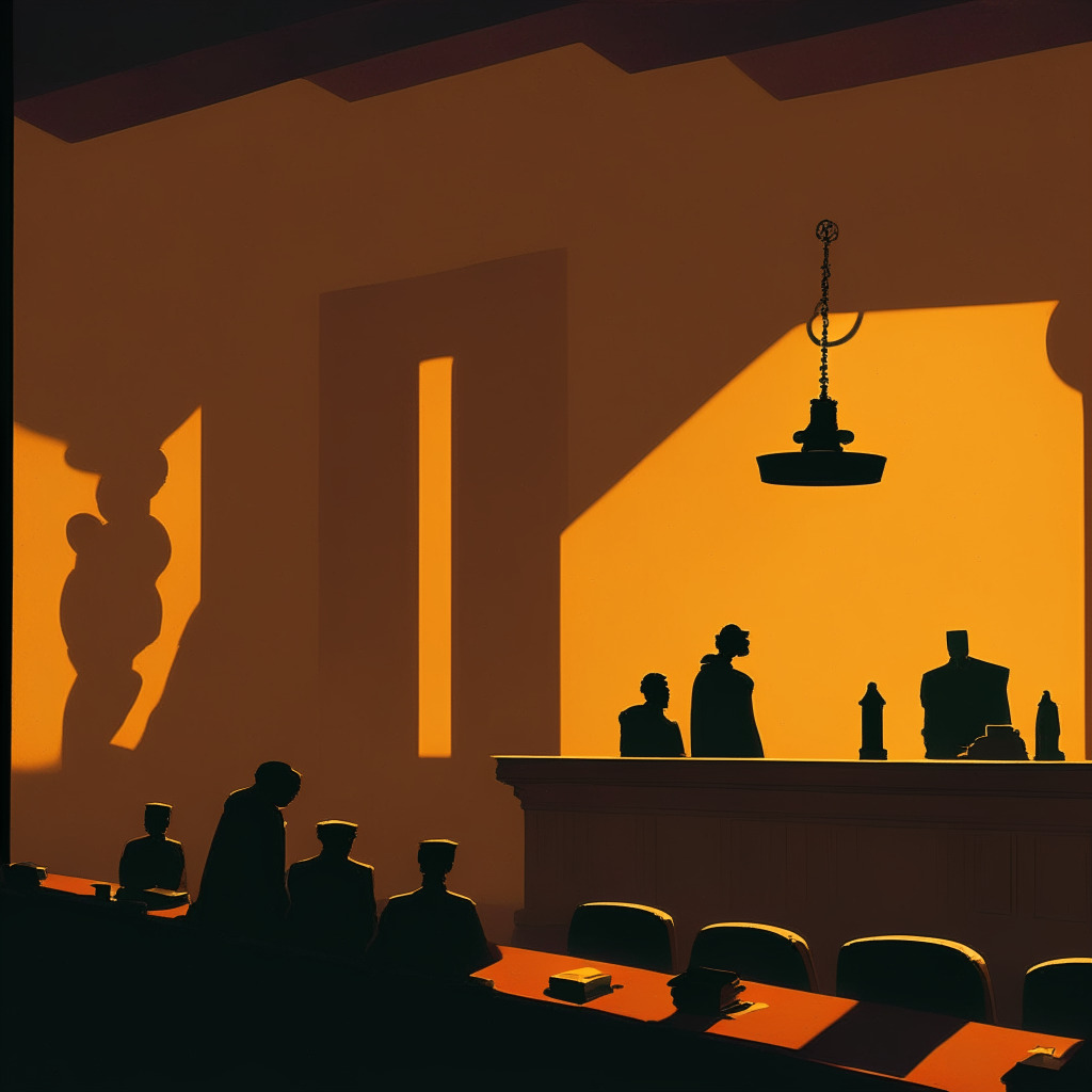 A courtroom in moody, dim light, a looming gavel hovering above, symbolizing the impending decision. In the background, abstract figures represent parties and witnesses silhouetted against the soft glow of a Palo Alto sunset. A secretive feeling permeates the scene, emphasized by elements showing tension of forbidden secret exchanges. Style of Edward Hopper, imbuing an air of solitude, anticipation, intrigue.