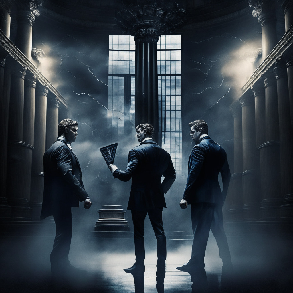 Dramatic showdown in dark hues, two stylized corporate gladiators, one representing Winklevoss twins led Gemini, the other iconizing DCG and CEO Barry Silbert, locked in a fierce legal conflict, Subtle hints of cryptocurrency symbols, backdrop of a stormy courthouse. Melancholic mood, chiaroscuro light setting, with implication of transparency.
