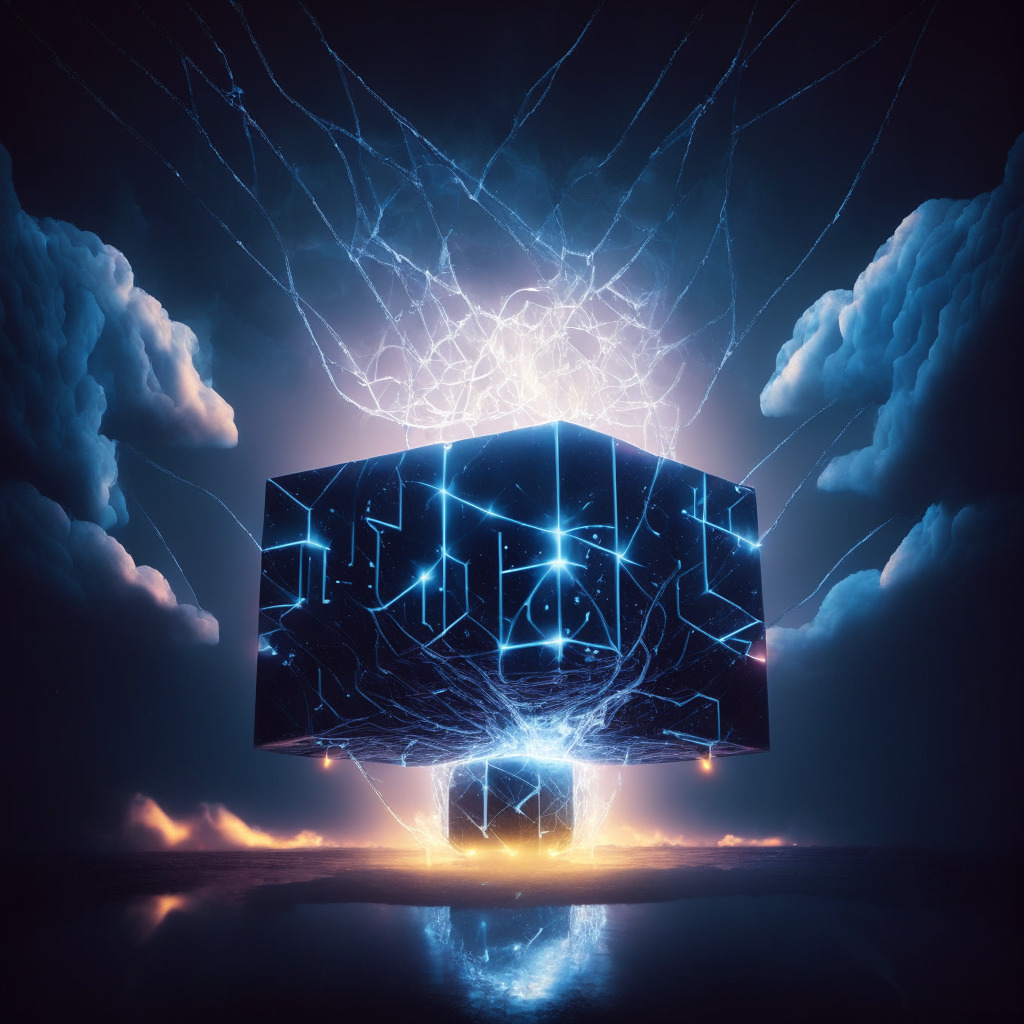 Digital artwork: A generative AI in form of neuron-like flux standing on the right, and a modern day blockchain represented by connected cubes on the left, under an electrifying sky. Style: Futuristic, moderne. Lighting: Dim, with a striking central illuminance to signify potential union. Mood: Innate tension of allure and uncertainty.