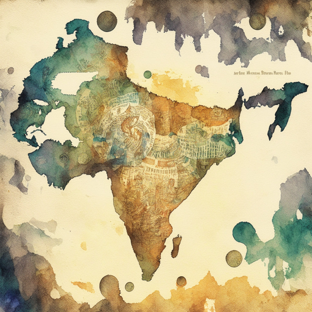 A digital world map in watercolours, major countries embossed with symbols representing Stablecoins and Central Bank Digital Currencies. India, under spotlight, reflects a sense of caution. The artistic style reminiscent of a comic book, a sense of duality and tension prevails, illuminated by a low, mysterious light. The mood, suspenseful, yet hopeful.