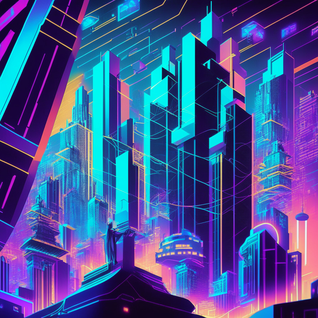 A global montage of blockchain activity in an Art Deco style. Scenes include: soaring skyscrapers indicating growth, fingers tapping on keyboards to portray active participation, and tokens as symbols of tokenized real-world assets. The mood is optimistic and futuristic, with vibrant neon lights illuminating the backdrop.
