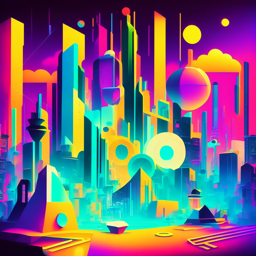 An abstract scenery showing Google Play, metaphorically depicted as a futuristic city, integrating vibrant, puzzle-like digital assets symbolizing NFTs. Use soft neon lighting to emphasize the reshaping process while maintaining a hopeful tone. Artistic style should be inspired by soft surrealism. Place a tokenized reward highlighted in the picture, signalling the reward system. Add a boundary in the distance, hinting at restrictions. Keep the mood optimistic yet cautious.