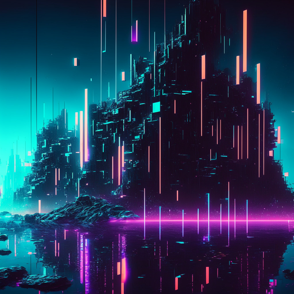 Digital landscape infused with neon cyberpunk aesthetics, reflecting NFT games on a vast online platform under a spectrum of lights. Pixelated, blockchain-inspired elements, shimmering under an ethereal light, signify the dynamism and transformative energy. Ethereal monoliths symbolize emerging trends, floating on a sea of pixelated uncertainty.