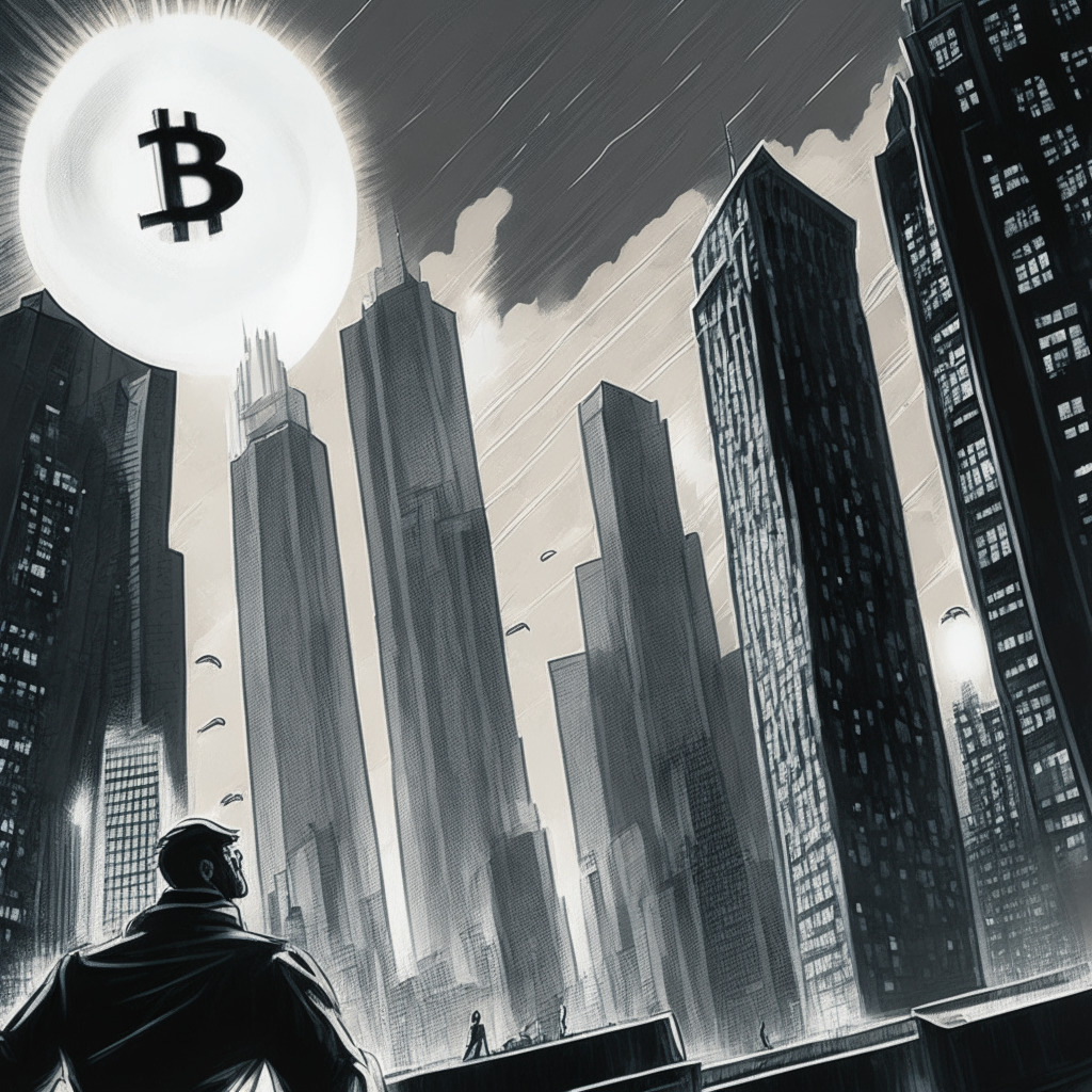A dramatic encounter in the financial district digitally painted in a futurism style. Luminescent skyscrapers reflect the hues of an impending sunset, a Bitcoin sign suspended in the skyline denotes the battle for the first Bitcoin ETF. Grayscale and BlackRock represented as titanic structures towering above the city, engaged in a silent standoff, with SEC depicted as a discerning observer, curating the light setting to cast a moody tension. Generous brush strokes emphasize the suspense.