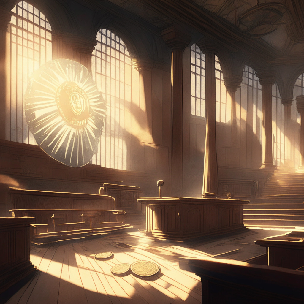 Muted courtroom interior in the classic impressionist style, highlighted by beams of afternoon sunlight filtering through high windows. In foreground, a symbolic gavel and a delicately detailed Bitcoin coin. Background filled with abstract, semi-transparent ETF certificates, encapsulating a mood of anticipation, suspense, and regulatory tension.