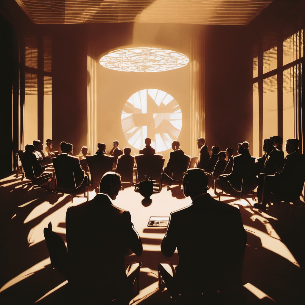 A grand boardroom filled with intense strategizing, several figures engaged in deep discussion, a large graph representing bitcoin's value oscillating in the background. The room radiates an intriguing blend of excitement and concern, lit by the late afternoon sun casting long shadows. The artistic style echoes a dramatic Caravaggio-style chiaroscuro, stressing the contrast of illumination and shadow, a visual allegory to the volatile cryptocurrency landscape. The scene is imbued with an air of cautious optimism, reflecting the anticipation of potential ETF approval.