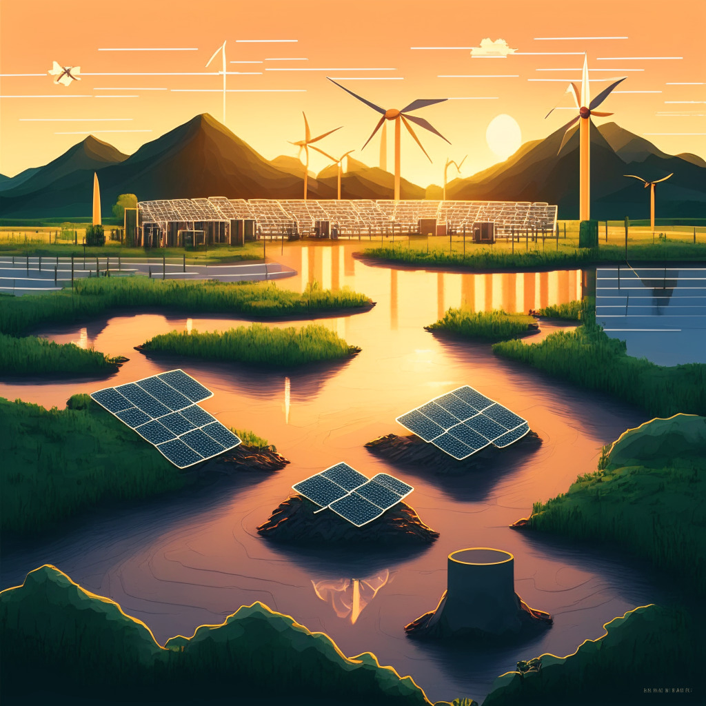 Illustrate a serene, eco-friendly Bitcoin mining landscape at dusk, bathed in the soft glow of a setting sun. Picture wind turbines and solar panels overlooking a powerful stream feeding a hydro-cooling mining farm. The mining farm is turned digital, signifying emission-less operation. Add a range of greenhouses thriving due to heat supplied from mining farms, contrasting the previous industry image with evident change. Communicate an optimistic mood with warm color tones, reflecting the progressive greener process of Bitcoin mining.