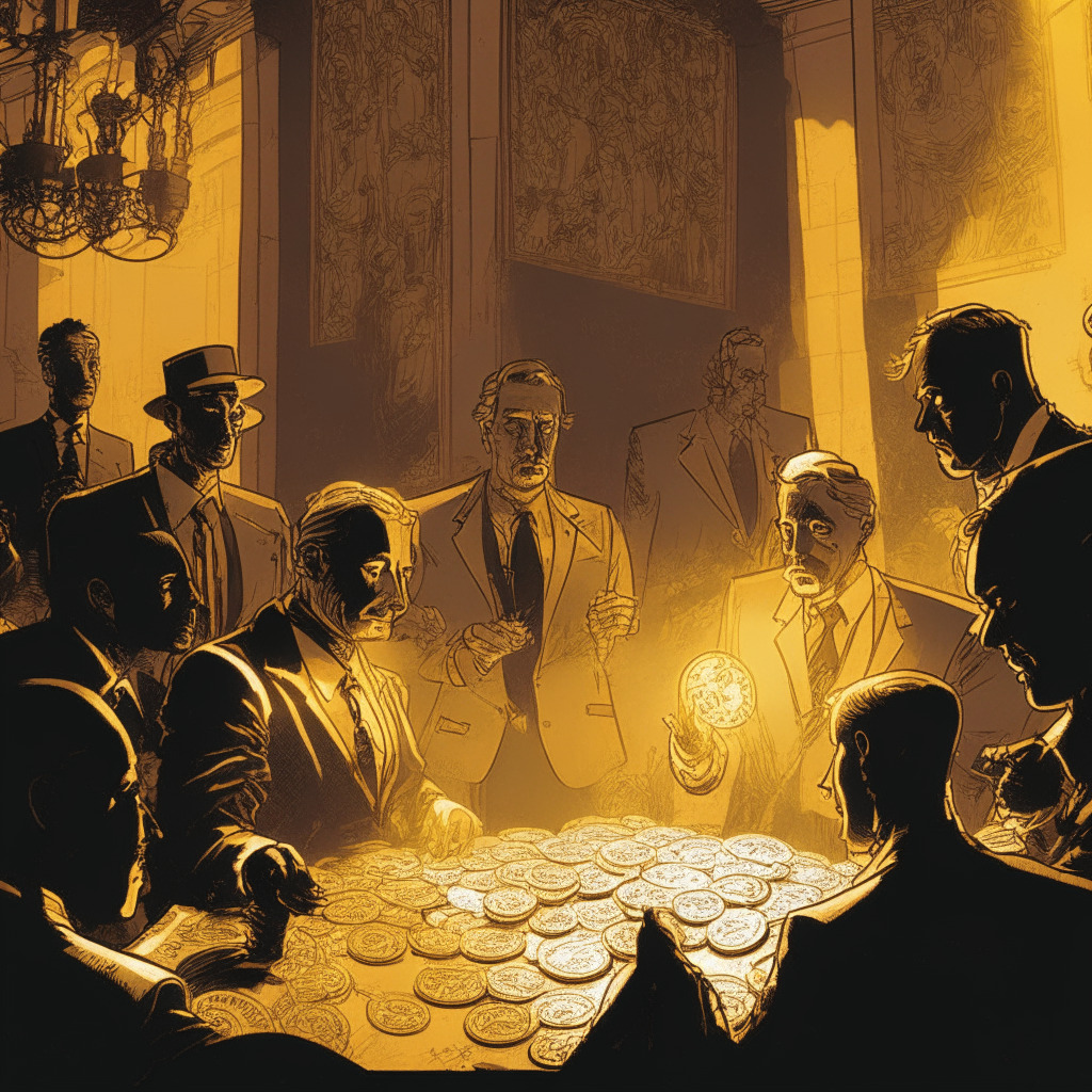 A vibrant financial scene bustling with activity, radiant gold coins etched with Bitcoin logos, sketched in an art nouveau style. Dynamic figures of well-suited investors discussing ETF proposals, enveloped in soft, warm lamplight casting intricate shadows, embodying a mixture of optimism and caution. Subtle undertones of a looming shadow in the backdrop symbolize unpredictable volatility.