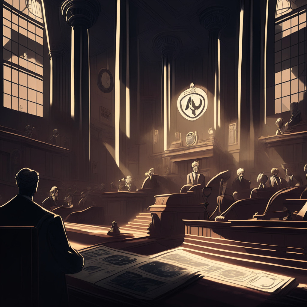 A somber art-deco courtroom, eye-catching XRP token on trial stand, stern lawmakers emerging from shadows. In the foreground is a diverse group of cryptocurrencies and relevant legislative bills depicted as ancient scrolls. A soft twilight light filters in, creating a moody atmosphere fraught with apprehension and hinting imminent change amidst legal uncertainties.