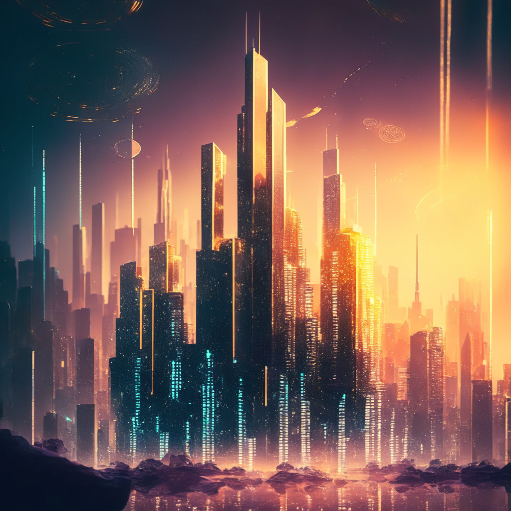 A futuristic cityscape bathed in evening light, Technocolor palette, Blockchain towers reaching towards the sky, a large digital coin symbolizing FDUSD in the foreground shimmering in radiant metallic hues, a subtle glitch effect illustrating technical issues. Mood is tense anticipation.