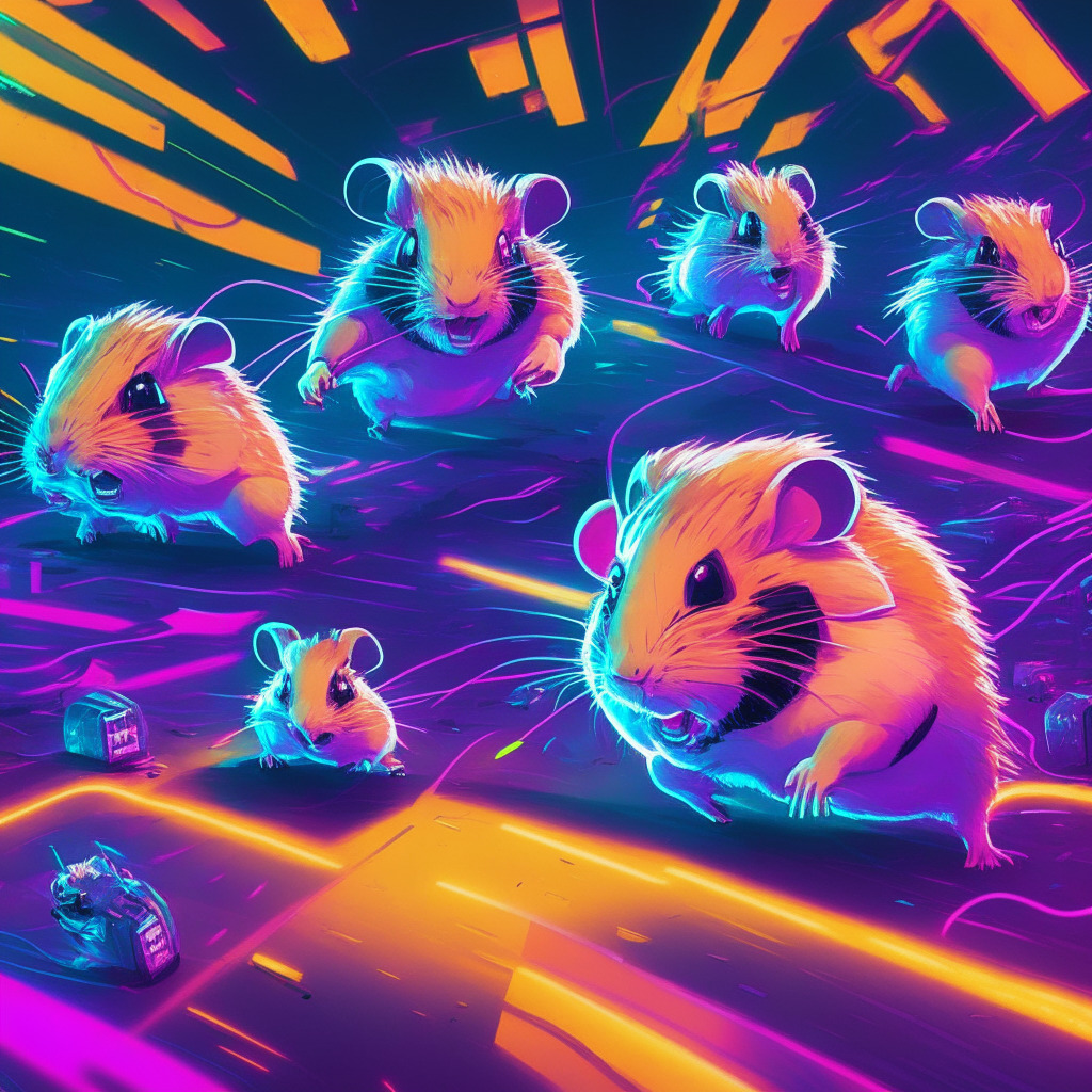 A virtual race scene with exhilarating hamsters competing, set against a dynamic digital backdrop signifying blockchain technology. Focus on one leading hamster, Rocky, in triumphant stride and another, CK, in visible struggle. Incorporate a sense of fun yet serious stakes, bathed in bright neon lightings suggesting nighttime excitement. Art style reminiscent of cyberpunk aesthetics with a whimsical twist. The mood is charged, lively with a hint of uncertainty portraying the volatile nature of cryptocurrencies.