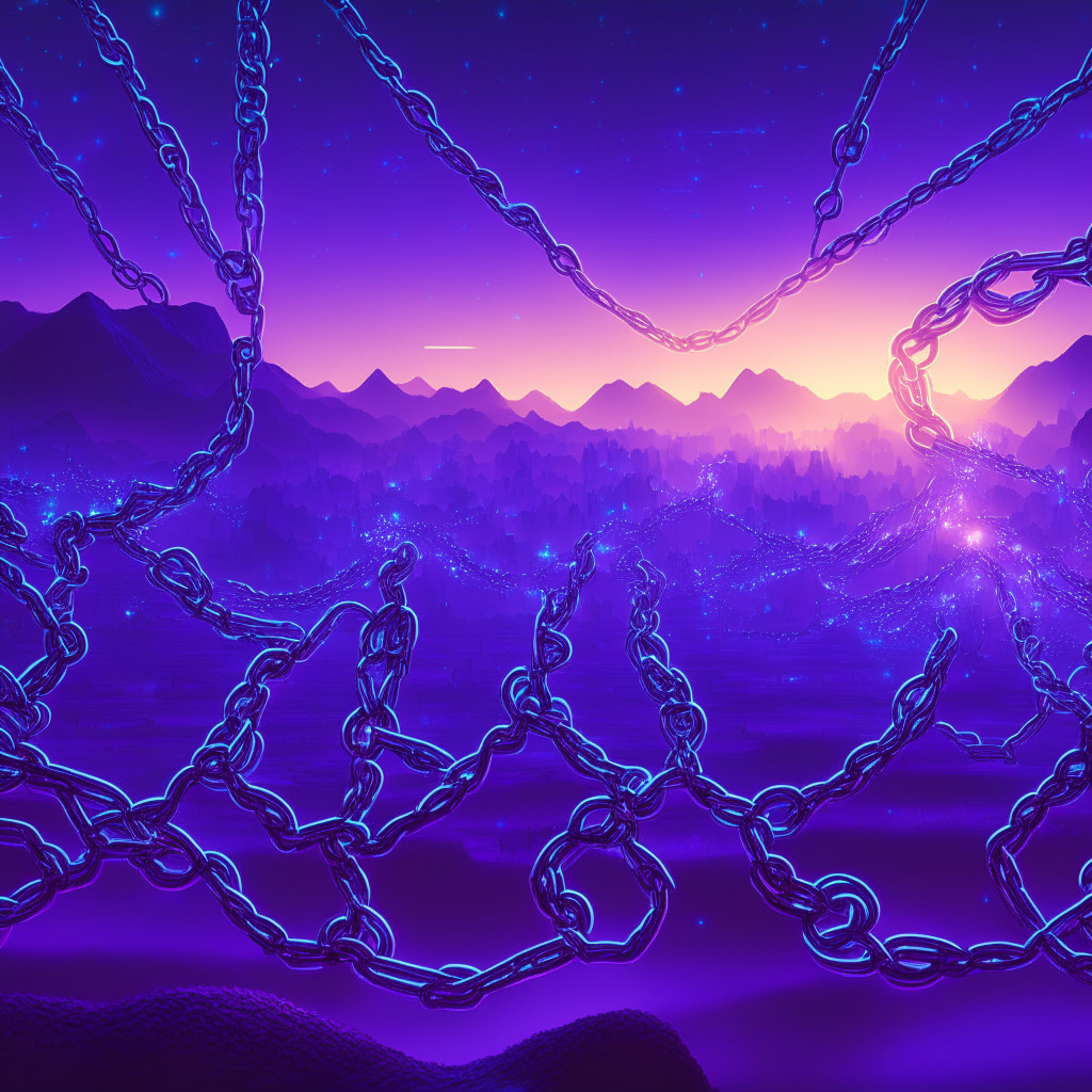 A new dawn breaking over a complex, futuristic digital landscape, lit by soft, cool hues of blues and purples. A chain, composed of countless glowing nodes, stretches across the scene, representing the BNB Beacon Chain. An inconspicuous hard fork in the chain, symbolizing the ZhangHeng upgrade, subtly transforms the vista. In the foreground, hints of a techno-thriller intrigue, perhaps shadowy figures or vague forms, suggesting changes in the software protocol. Brighter spots in the image could represent new BNB tokens, a vigilant guardian-like figure monitors balance changes. A distant, imposing bridge, symbolizing cross-chain security improvements, extending into an enigmatic, hopeful horizon.