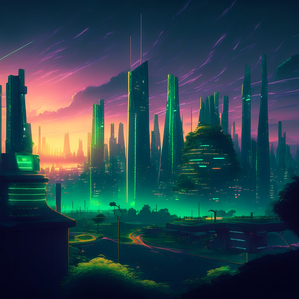 Dusk settling over a futuristic city powered by clean energy, blockchain networks visibly winding through it, setting a serene, hopeful atmosphere. Electrified transport, buildings glowing with smart technology, foregrounding a greenery-filled scene. A vibrant aurora in the sky, highlighting the transition from fossil fuels to green energy. Inspires hope, transition, & innovation.