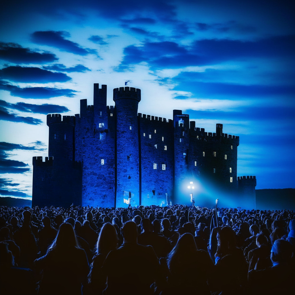 Dusk descends on a majestic, windswept castle in Ireland, casting long, dramatic shadows. A large crowd of fans clutch smartphones, bathed in a blue glow, vividly capturing the pioneering spirit of the event. Dominating the scene is a digital wallet, representing the integration of blockchain technology with concert-going. The atmosphere radiates excitement and anticipation, underscored by an abstract, futuristic style to represent this new technological era. However, the image also carries a subtle undercurrent of skepticism.