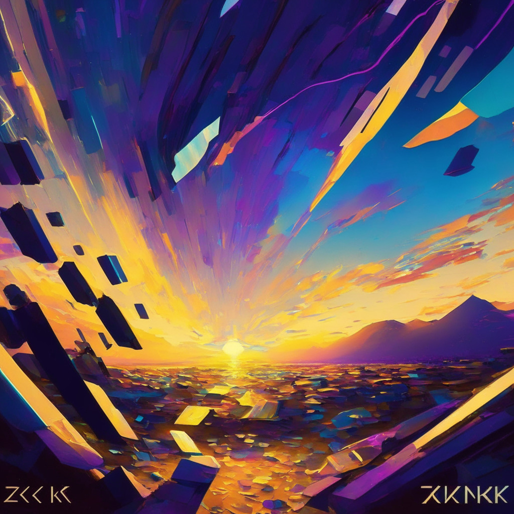 Dawn of a new cryptoverse, zkSync's Boojum introduction illuminates an abstract, shifting landscape. Bright, energetic specks symbolize wide-scalability, transparency, blending into the ethereal, futuristic sky. Shadows, mirroring standard personal computers, highlight participation ease. Artistic style: Impressionistic, capturing the transformation mood and potential future shift.