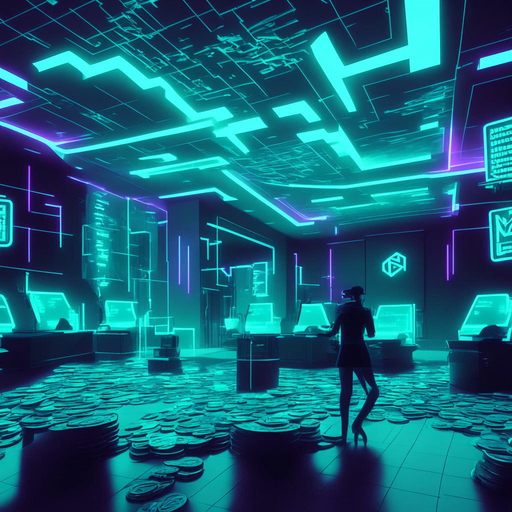 Visualize a forefront virtual bank interior in metaverse, glowing neon color palette, cyberpunk style. Employees with VR headsets, immersed in high-stakes scenarios, a sense of adrenaline reflected. Scatter floating digital coins displaying Ethereum symbol amid fluctuating waves, depicting market volatility. Deploy a shadowy edge to represent ecological backlash, capturing a sense of uncertainty.