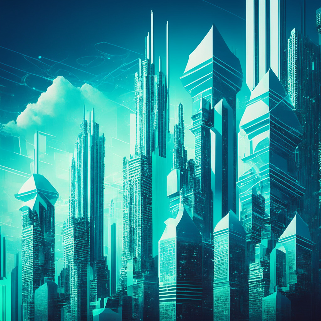 A conceptual futuristic cityscape, intricate neoclassical architecture meets ultramodern design, depicting the rapid advancement in financial technology. Include blockchain-inspired structures, subject to gentle whirls, symbolizing market volatility. Illuminated skyscrapers, tinged with hues of blue and green, represent different cryptocurrencies. The sky above, contain discrete elements indicating ambiguity and security challenges. For the style, imagine a blend of Van Gogh's Starry Night and futurism. The mood, a mix of curiosity, anticipation, and apprehension.