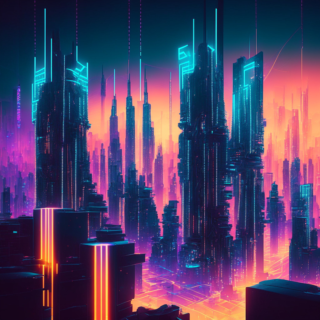 Metropolis at dawn bathed in neon light, a swirl of blockchain nodes connecting glowing buildings, monument of yen symbols dominating the cityscape, reference to the robust funding. Futuristic entrepreneurs, prevalent Satoshi inspiration, generating tension between futuristic growth and regulatory shadows. Mood: conceptual collision between progress and constraint.