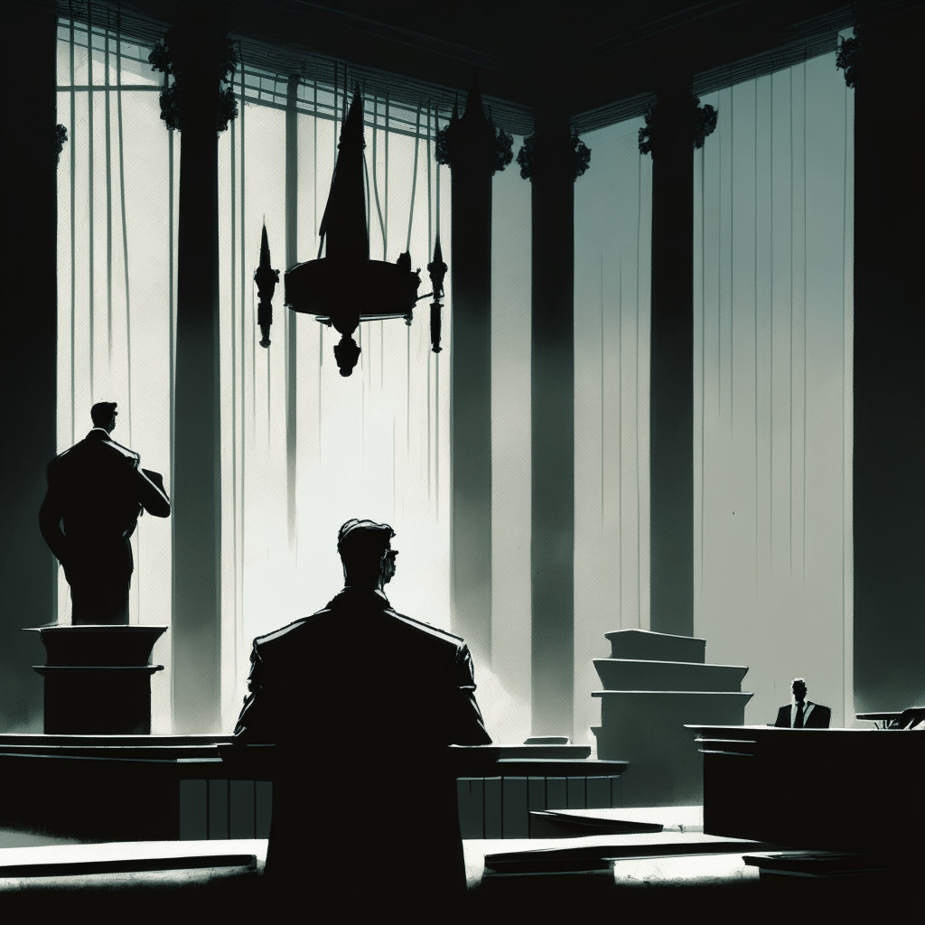 A gloomy courtroom, reflecting the tension of a great legal battle. In the foreground, two identical figures representing the Winklevoss twins, edged in shadow, meticulously analyzing documents. Across them, a defiant figure, representing DCG's CEO with an aura of resilience. In the background, the ominous silhouette of a crumbling tower symbolizing the fallen Three Arrows Capital, under a stormy sky. The style echoes Renaissance paintings, capturing drama and historical significance, bathing the scene in eerie twilight. The mood, deeply unsettling.