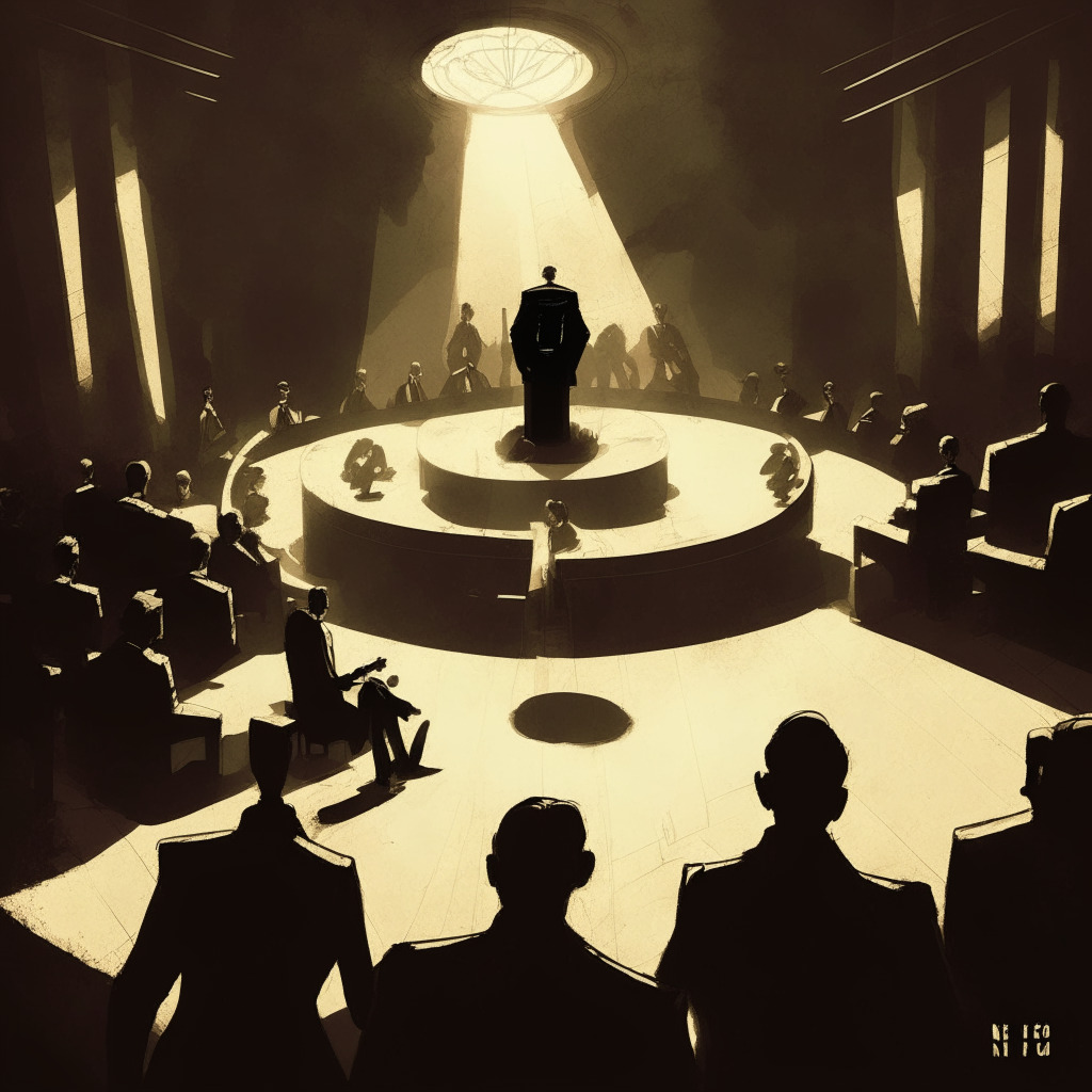 Dramatic courtroom scene, intense lighting casting long shadows. At the center, a hardware wallet representing a conflict between two elegantly dressed figures, one labeled 'Nexo', one 'Shulev'. Around, anxious spectators in semi-circle. The atmosphere is tense, filled with mystery. Incorporate noir style detailing, cool color palette.