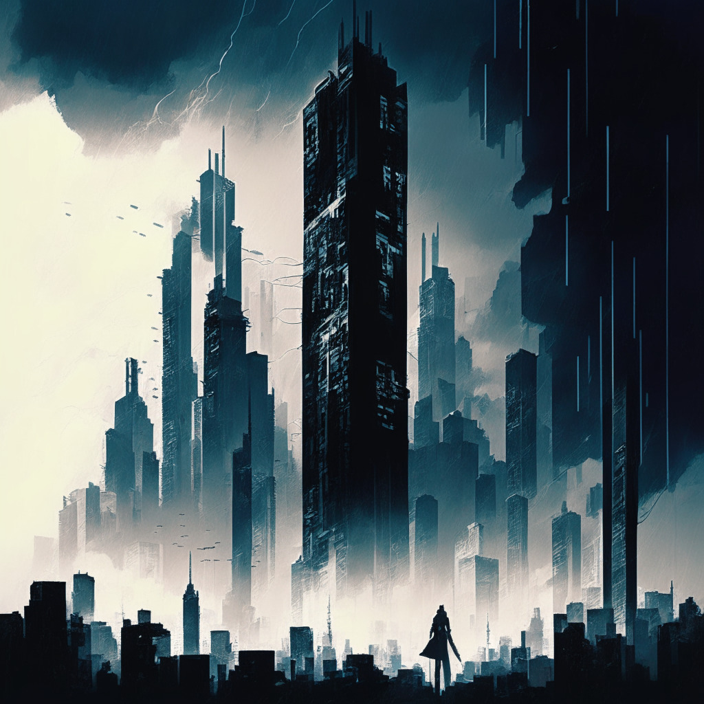 A turbulent storm brewing over a complex digital city, rays of cold silver light reflecting off skyscrapers made of circuits, cryptic numbers flowing through their veins. Abstract humans in silhouette watch the looming storm from the skyline. The scene evokes a mixture of anticipation and deep-seated fear, mimicking a steep market drop. Pastel colors with a gritty, noir-infused artistic style, creating a somber mood, much like the anticipatory silence before a storm.