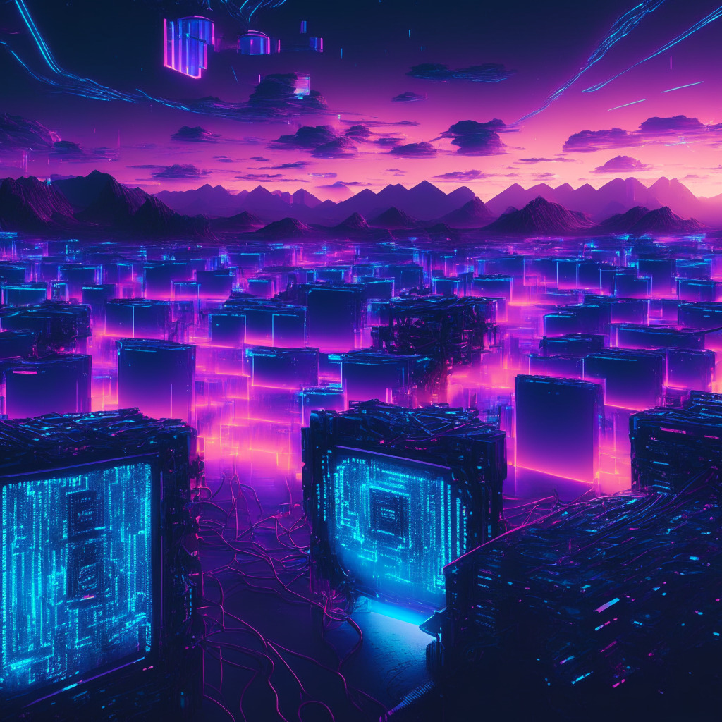 An expansive digital landscape showing a vast array of GPUs glowing with energy, transitioning from mining digital currencies to running AI computations, amidst a backdrop of advanced data centers. Set in a surreal, futurist style, the image bursts with a hopeful, yet uncertain, mood. The atmosphere infused with a pinkish-blue twilight light, emphasizing the audacious and innovative shift.