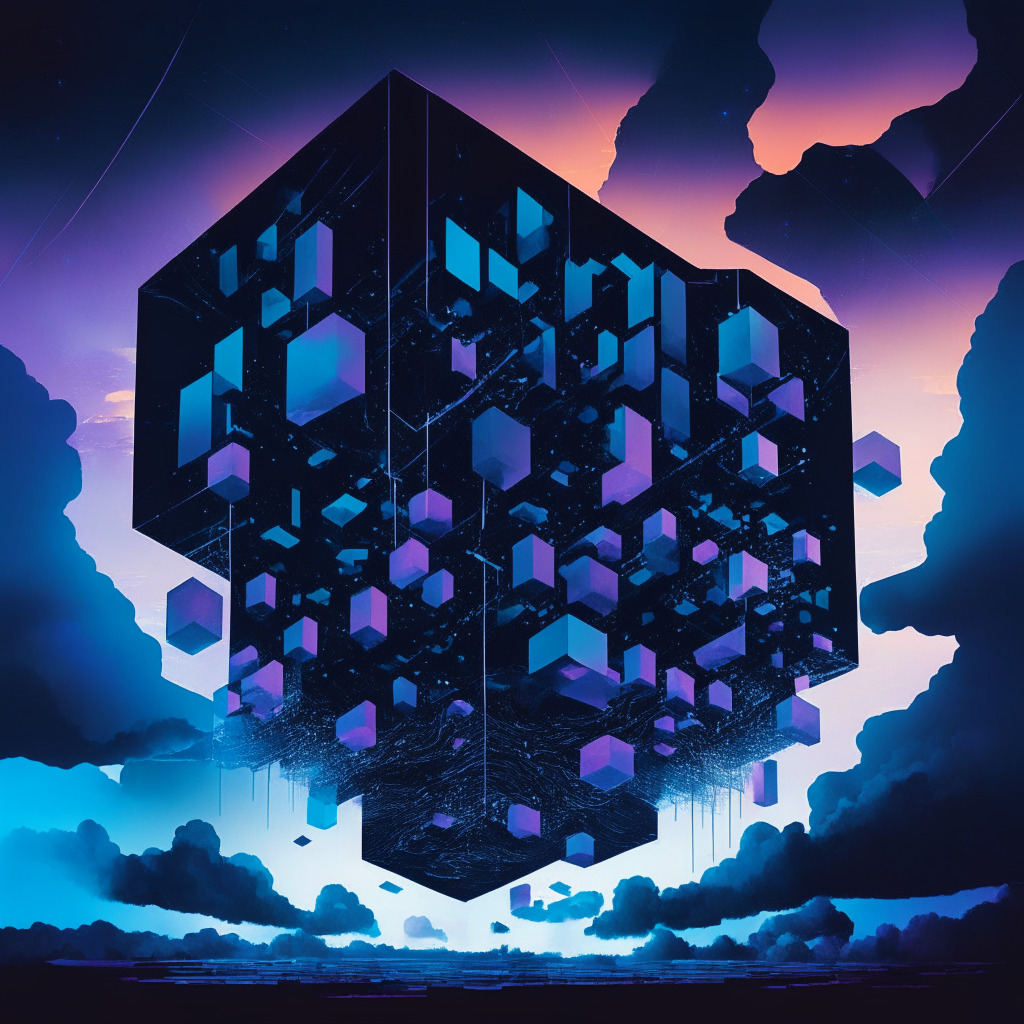 Twilight-hued scene in abstract art style depicting the transformation of a technology company. Visual elements include digital cubes morphing into AI algorithms, GPUs, and cloud symbols. The setting is slowly transitioning from a stark blockchain-like structure to a nebulous space representative of AI and cloud computing, reflecting a hopeful yet uncertain mood.