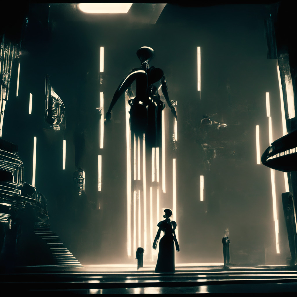 A dystopian Hollywood backdrop, spotlight illuminating a standoff between traditional actors and AI entities. Prominent Guild banners fluttering defiantly, emoting a sense of rebellion. Hints of film noir style in the chrome and shadow play, tension palpable in the air. Possible futuristic aesthetics suggesting the influence of AI, but retaining human elements of drama, conflict, and passion.