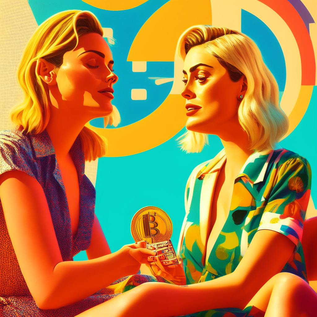 A sunlit Hollywood set with a mix of traditional and digital elements. Margot Robbie and Greta Gerwig are immersed in conversation, juxtaposed with a Ken doll holding a Bitcoin symbol. Mood is a blend of playfulness and intrigue, rendered in a pop-art style, capturing 'Big Ken Energy' and tech chatter convergence.