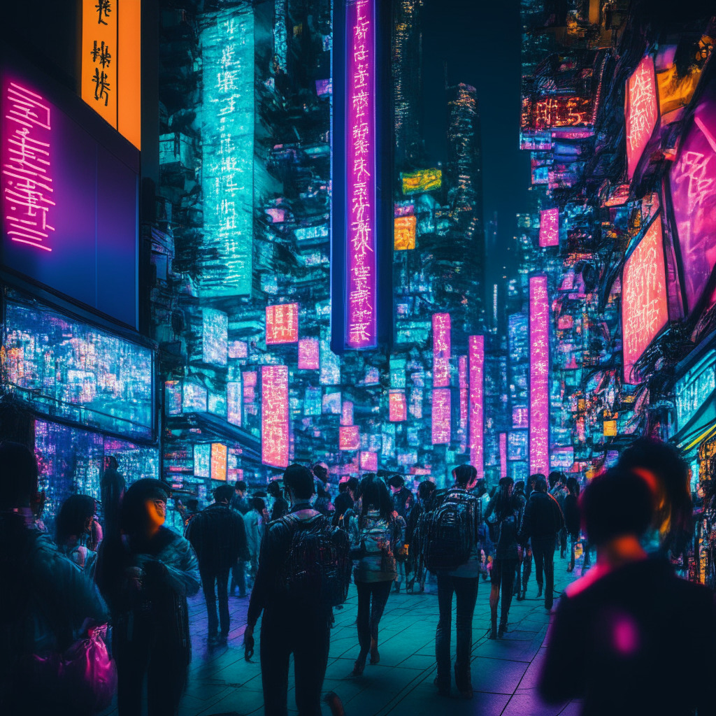 A vibrant nighttime scene in a futuristic Hong Kong, vivid neon lights reflecting off mirrored skyscrapers. Chinese tourists meander through bustling digital markets, while luminous holograms advertise cryptocurrency. An absorbing atmosphere imbued with optimism, innovation, and allure. Yet a visible tension, a dichotomy between this cryptotropolis and a shadowy, authoritative Mainland China at a distance.