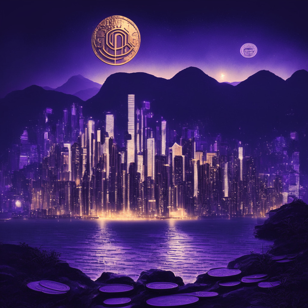 An illuminated Hong Kong skyline at dusk, bathed in soft purples and blues, exuding an air of tranquility and potential. A series of golden coins, etched with the symbol 'HKDG', cascade like a waterfall into the city below, suggesting prosperity and advancement, The coins morph into a glowing, futuristic blockchain stretching out towards the horizon, symbolizing a bold digital future. The mood is energetic, hopeful, and innovative, representing the city's ambition and leadership in the digital financial landscape.