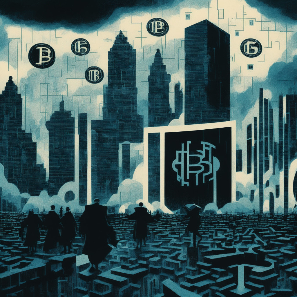 A tense landscape of a vast financial maze under an overcast sky, abstract symbols of Bitcoin and SEC hovering, marking their territory. Silhouettes of finance giants BlackRock and NASDAQ stand guard at the entrance, an ETF parchment in hand. The artwork carries a chiaroscuro, capturing regulatory uncertainty, rendered in an impressionist style.