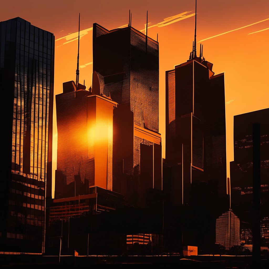 A sunset-lit financial cityscape in Australia, with looming shadows of ASIC regulation casting over FTX's office buildings, symbolizing regulatory strangleholds. Amidst these imposing structures, signs of a Phoenix, embodying FTX's resurgence hopes. Pallette: muted tones, hinting at tension and uncertainty, contrasting with fiery tones of hope and rebirth.