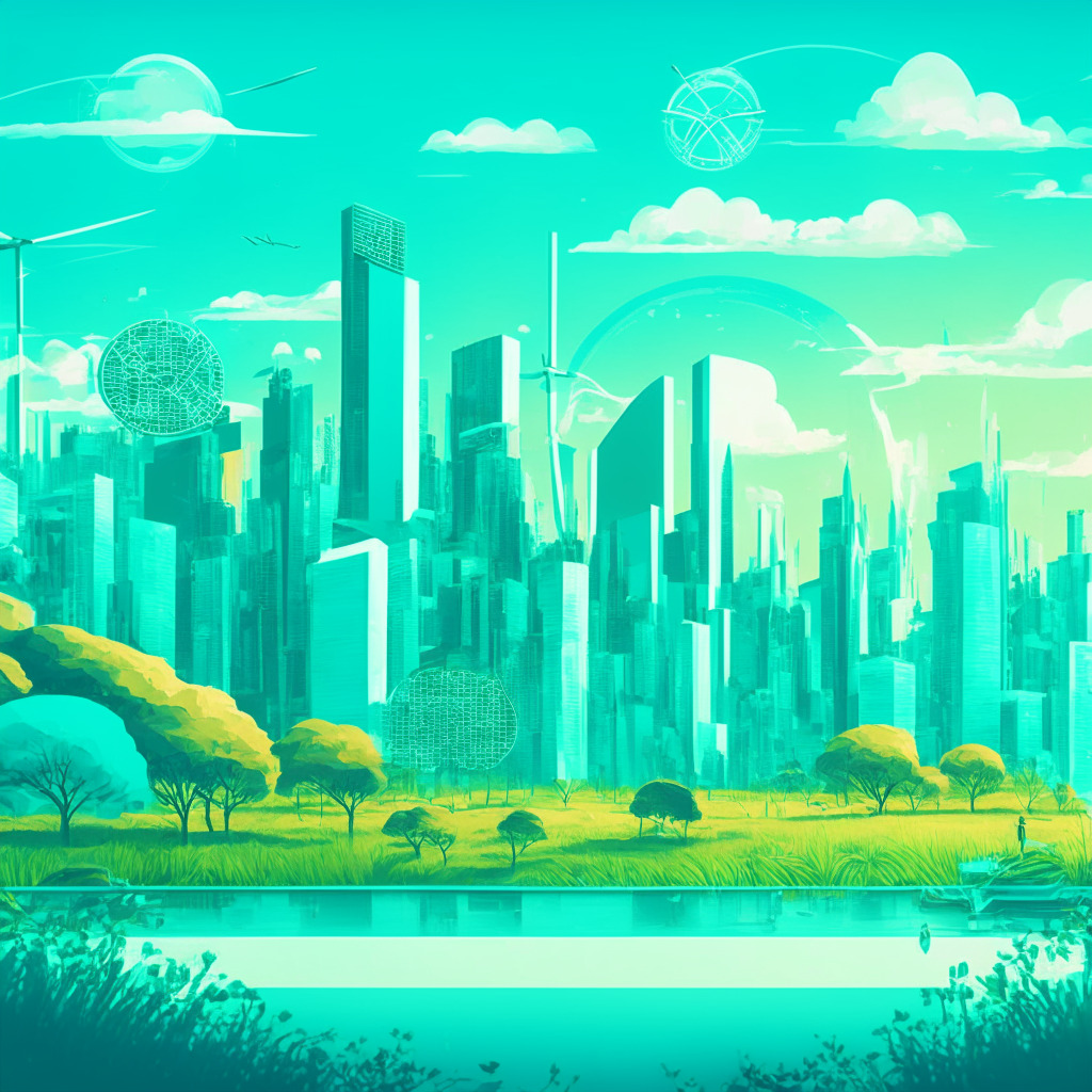 A futuristic cityscape under a vibrant teal sky, highlighting green initiatives and blockchain technology. Focus on a large digital screen showing an eco-friendly crypto coin and an illustrative representation of the recyclable materials market. Emphasize a bright, clean city, parks, beach cleanup activities, and serene forests symbolizing climate solutions. Incorporate impressionistic style for the environmental aspect, while using a cubist approach to represent blockchain. The lighting should be bright, but with shadows indicating the looming challenge of climate change, setting a hopeful, yet realistic mood.
