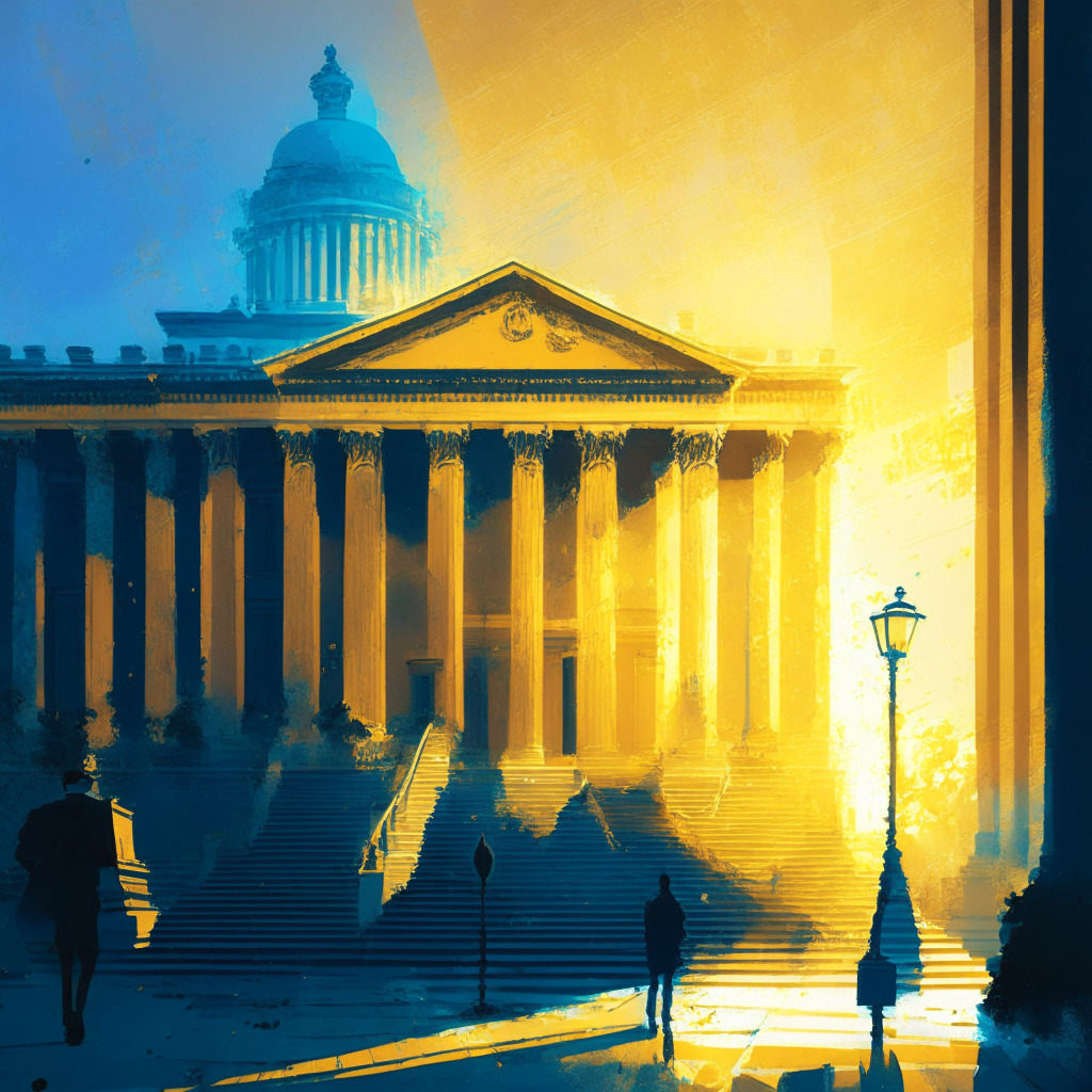 An image depicting a traditional courthouse exterior bathed in optimistic dawn light, in impressionistic style. The path leading to the courtroom splashed with specks of gold, symbolizing a victorious court ruling. Colors mainly cool blues and golden hues to evoke mixed feelings of cautious optimism and uncertainty. In the background, vague silhouettes of different digital currency symbols fused with traditional financial institution's architecture, subtly hinting at the crypto-economic interaction.