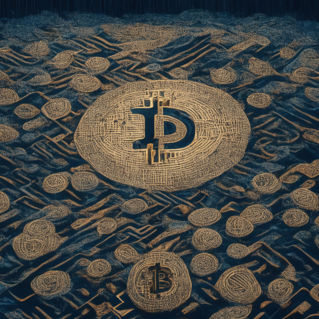 An intricately woven carpet, detailed with Bitcoin symbols, set against a backdrop of a digital storm, representing the unpredictable crypto market. The light is unsettling yet hopeful, casting an ambiguous glow on the carpet and reflecting the skepticism and potential in the Bitcoin investment. A touch of Renaissance style adds a distinct traditional-vs-modern contrast, echoing the bold leap of traditional industries into the digital era.