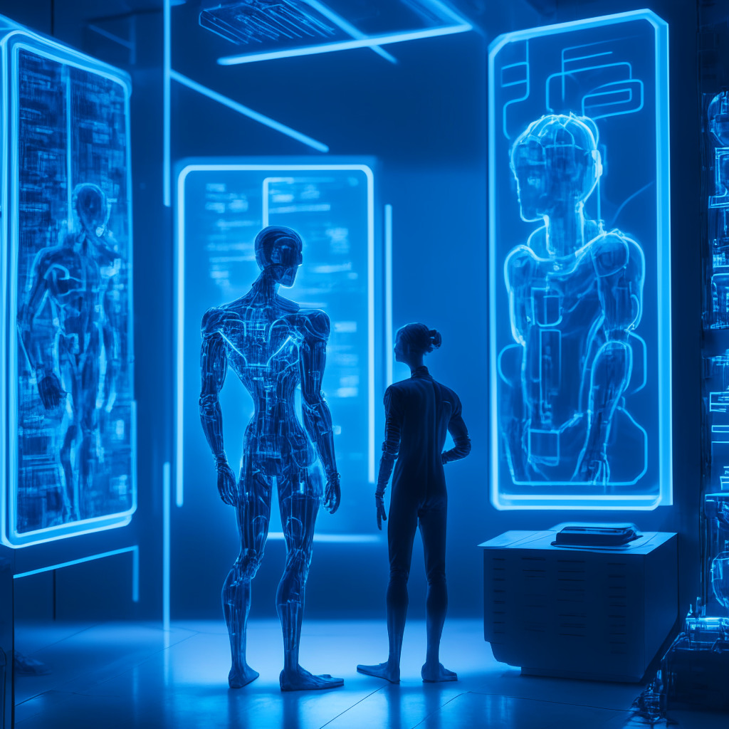 Inside a futuristic lab with ambient blue lighting. A human figure is shown interacting with a representation of Artificial Intelligence: a translucent, holographic figure with both human and mechanical features. In the foreground, a series of digital screens displays complex coding sequences. The stylistic approach should reflect features of Surrealism and Cyberpunk. Using warm lighting details, brings out the empathy element, set against a predominantly cold, mechanical scene. A subtle duality, creating a contemplative and introspective mood.