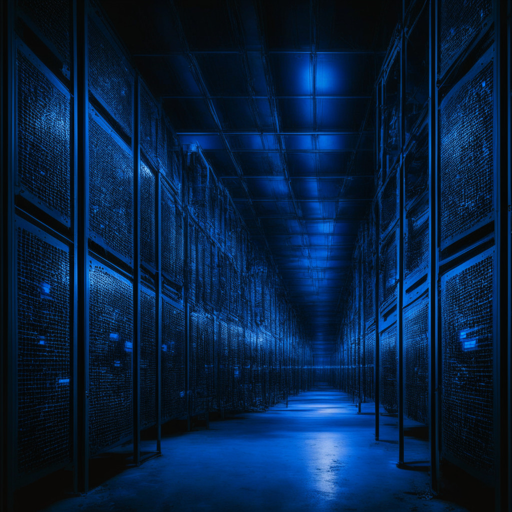 A silenced crypto mining facility in Ontario, Canada rejuvenating into a buzzing hive of AI and high-performance computing hardware in Texas, USA. A balance of dark areas indicating the company's troubled past and illuminated regions signifying their outlook of new possibilities, with a looming representation of Bitcoin in the background signifying their past and the piezoelectric blue hues of artificial intelligence in the foreground representing their future. Artistic to be surreal, strongly utilizing Chiaroscuro lighting to accentuate contrasting areas of shadow and light, hinting at a narrative of redemption and ambition.