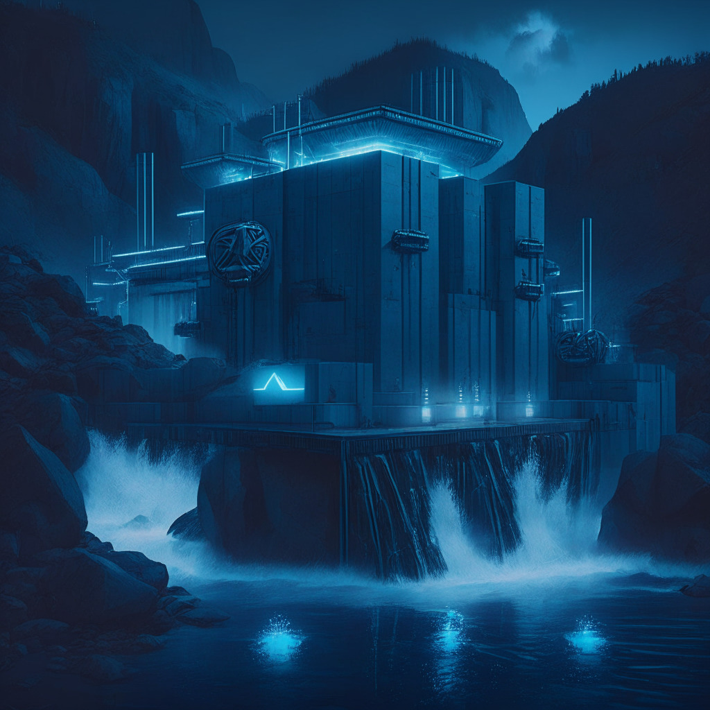 A futuristic hydroelectric power plant at twilight, bathed in soft, luminescent blues, portraying uncertainty and drama. An array of high-tech mining rigs, quietly humming as they crunch data, powered by cascading water, symbolising innovation and sustainability. The atmosphere is tense, embodying the debate between progress and preservation.