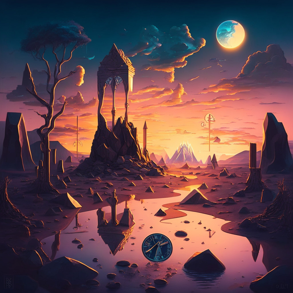 Surrealist-style landscape, glowing with the ethereal light of twilight, reflecting the mysterious and complex world of cryptocurrency. Include iconic imagery such as mining pickaxes, hourglass counting down time, puzzles being solved, Litecoin and Bitcoin coins. Convey a mood of anticipation and intrigue, with cool tones to denote the impending 'halvening' event.