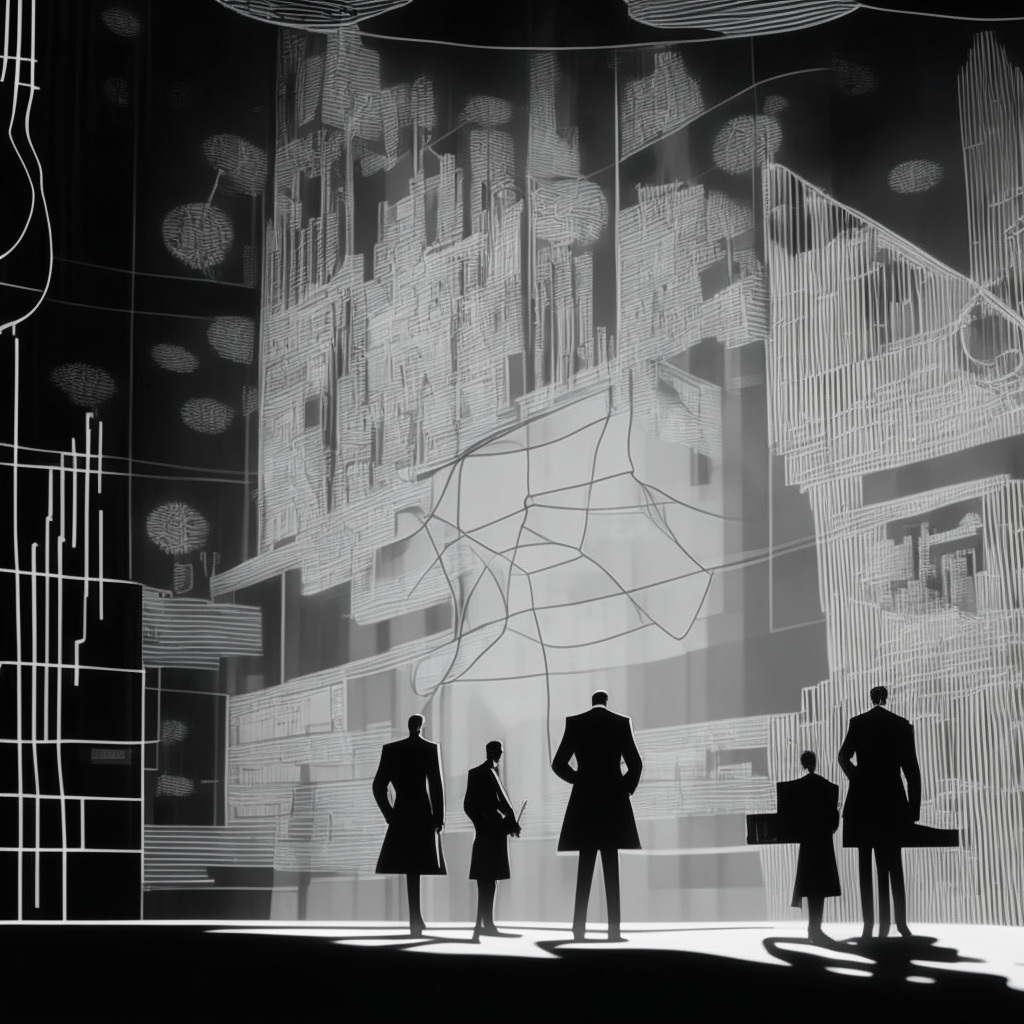 A detailed grayscale blueprint of a complex financial system, 1950s film noir style, soft diffused light with shadows. Intricate interconnecting lines representing regulatory structures, and distinct four silhouettes representing digital assets. An air of uncertainty yet openness permeates the scene.