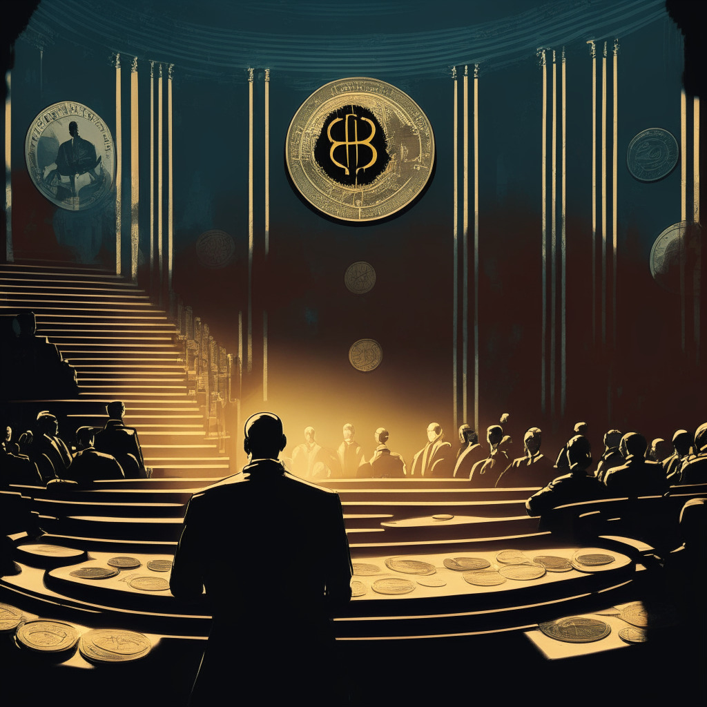 Dramatic courtroom scene with crypto coins symbolizing XRP and CEL tokens, under a harsh light. The mood is tense, the colors lean towards cold and metallic hues. Silhouettes of regulators in the sideline, a path leading from the courtroom symbolizing the unknown future of cryptocurrency regulations. Style akin to film noir.