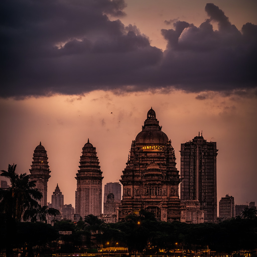 Dusk settling over an intricate Mumbai cityscape marked with both traditional architectural styles and modern, technological elements. The mood is tense but hopeful, as the scene captures a balancing act of innovation, safety, and sovereignty. Beneath a stormy sky filled with the symbolic representation of turbulent crypto market, is the Supreme Court, standing as a beacon of justice. Small symbols represent crypto assets, scattered and subtly glowing. The scene is artistically rendered in a blend of Indian miniature painting style and modern digital art style.