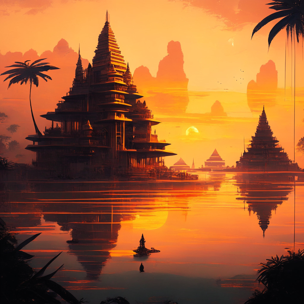 An idyllic Indonesian landscape at sunset, traditional temples and idyllic beaches blend with binary code flowing like a river under a golden light. A futuristic exchange building stands dominantly in the center, abstractly depicted to symbolize crypto trading. Mood is adventurous, anticipating, and slightly edgy. The art style is a fusion of impressionism and futurism.
