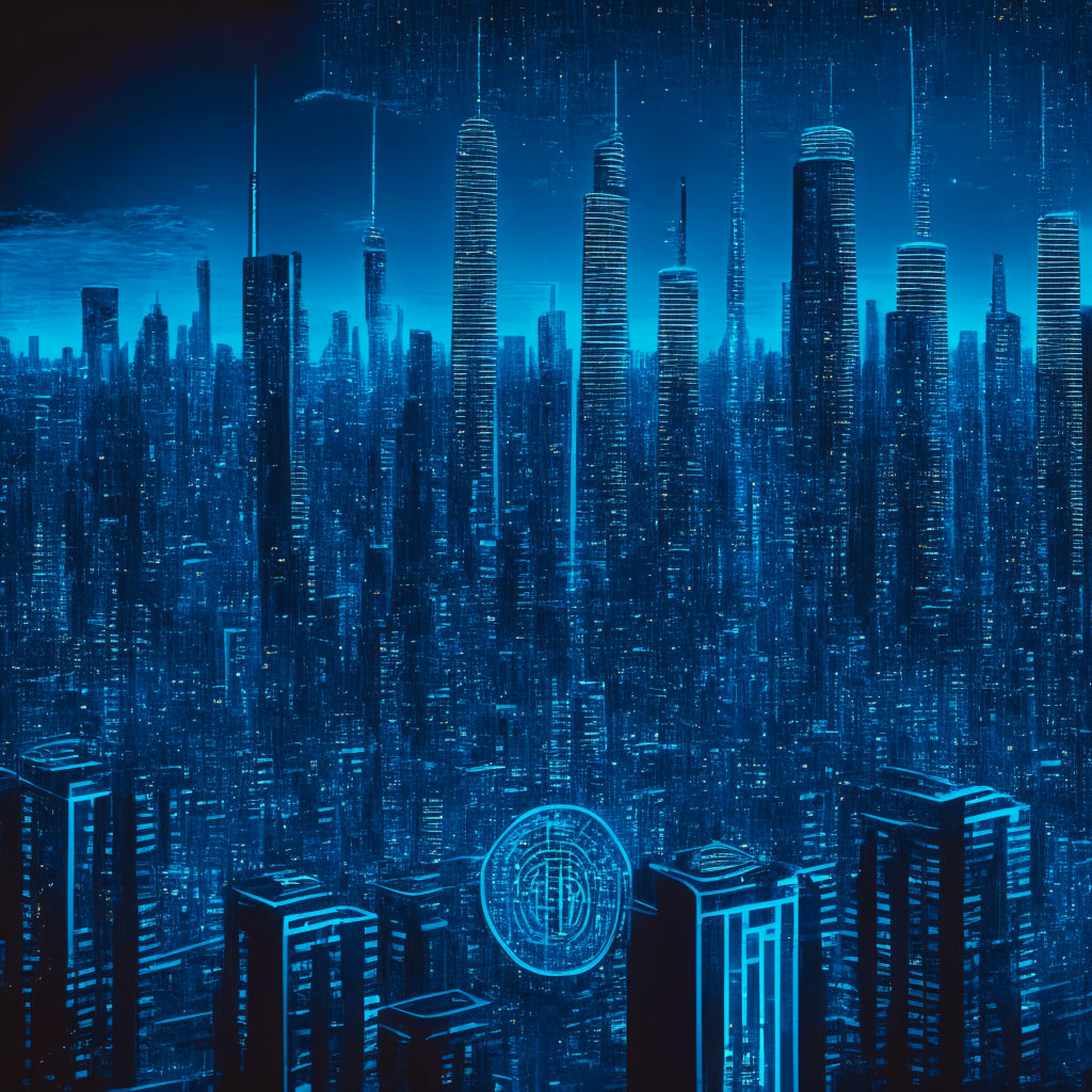 An intricately detailed urban skyline of Indonesia at dusk, with a couple of high-rise buildings glowing with electric blue light, reminiscent of a digital data grid. A large, emblematic digital coin soars high, symbolizing the emergence of crypto economy. The atmosphere oozes nuances of anticipation and complexity, reflecting a bold, yet cautiously optimistic mood.