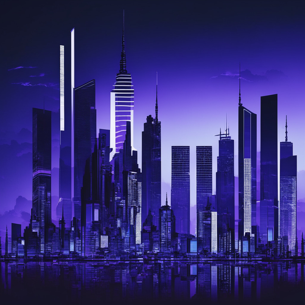 Elegant modern Indonesian cityscape at dusk, dominant colors of deep blues, purples, clean silver for futuristic skyscrapers symbolizing the nascent exchange. Silhouette of an official stamp overhead, symbolizing regulation. Glowing trade chart pattern in the sky reflects market trends. The mood is one of anticipation, signaling a new era.