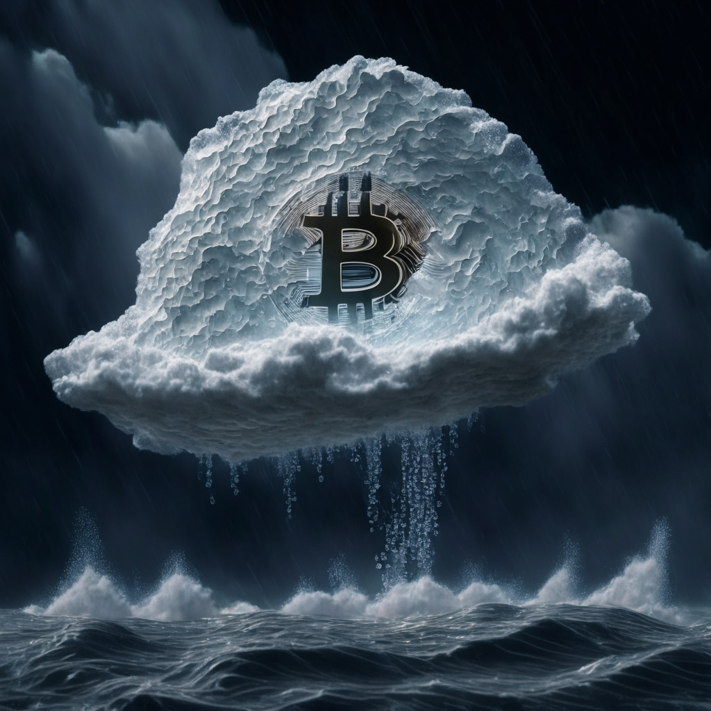 A voluminous, ethereal Bitcoin floats atop a churning sea of digital data, the dark, stormy atmosphere hinting at a bearish trend, with soft hints of silver linings. Accents of cooler tones, suggesting a cooling inflation rate reflected in the wave patterns and cloudy sky. A glowing spot of warm light signifies the possible increase in Bitcoin's value, slightly off-center, emanating hope amongst uncertainty. The intertwining currents in the sea visualize oscillations around the $30,600 mark.