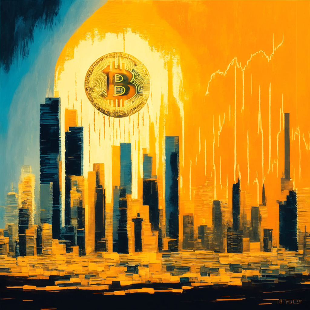 An abstract interpretation of the U.S. Consumer Price Index in juxtaposition with the fluctuating value of Bitcoin. Elements to include financial graphs subtly forming a horizon over an evening urban skyline, soft impressionistic painting style, warm gold and orange hues for lightly inflated market indexes, transitioning into cooler blues for dipping inflation rates. Bitcoin symbol hangs like a moon, growing and shrinking with market sentiment. Mood is a blend of cautious optimism, intrigue, and intense debate over crypto's immunity to traditional economic metrics.