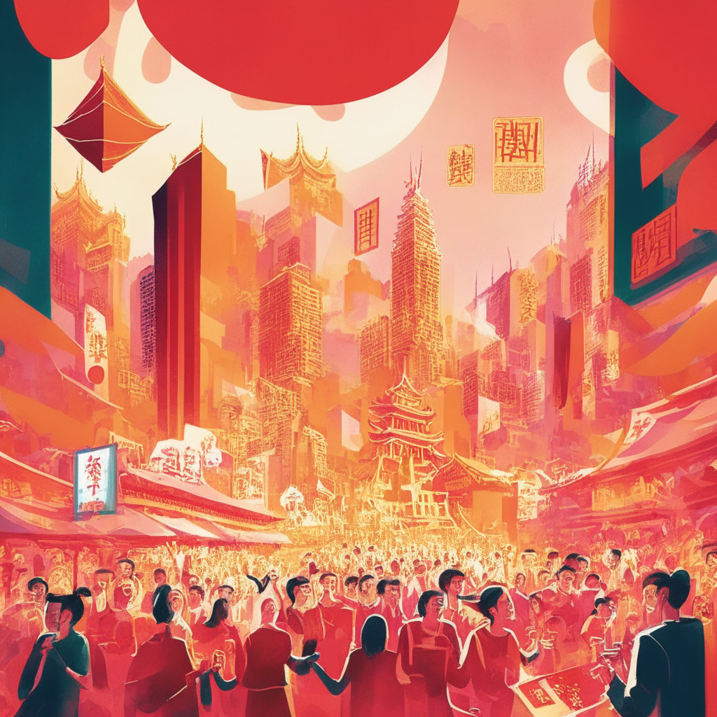 Cityscape of Changzhou with digital elements illustrating digital yuan, Shopping festival with enthusiastic crowd holding digital red envelopes depicted in a vibrant, illustrative style, Use spectral hues to create an atmosphere of anticipation and enthusiasm, Imbue the scene with a soft golden light to depict the setting of a public holiday, Capturing the transition from traditional to digital finance, Use symbolism to represent adoption of digital currency, Light-hearted mood with a contemporary digital twist.