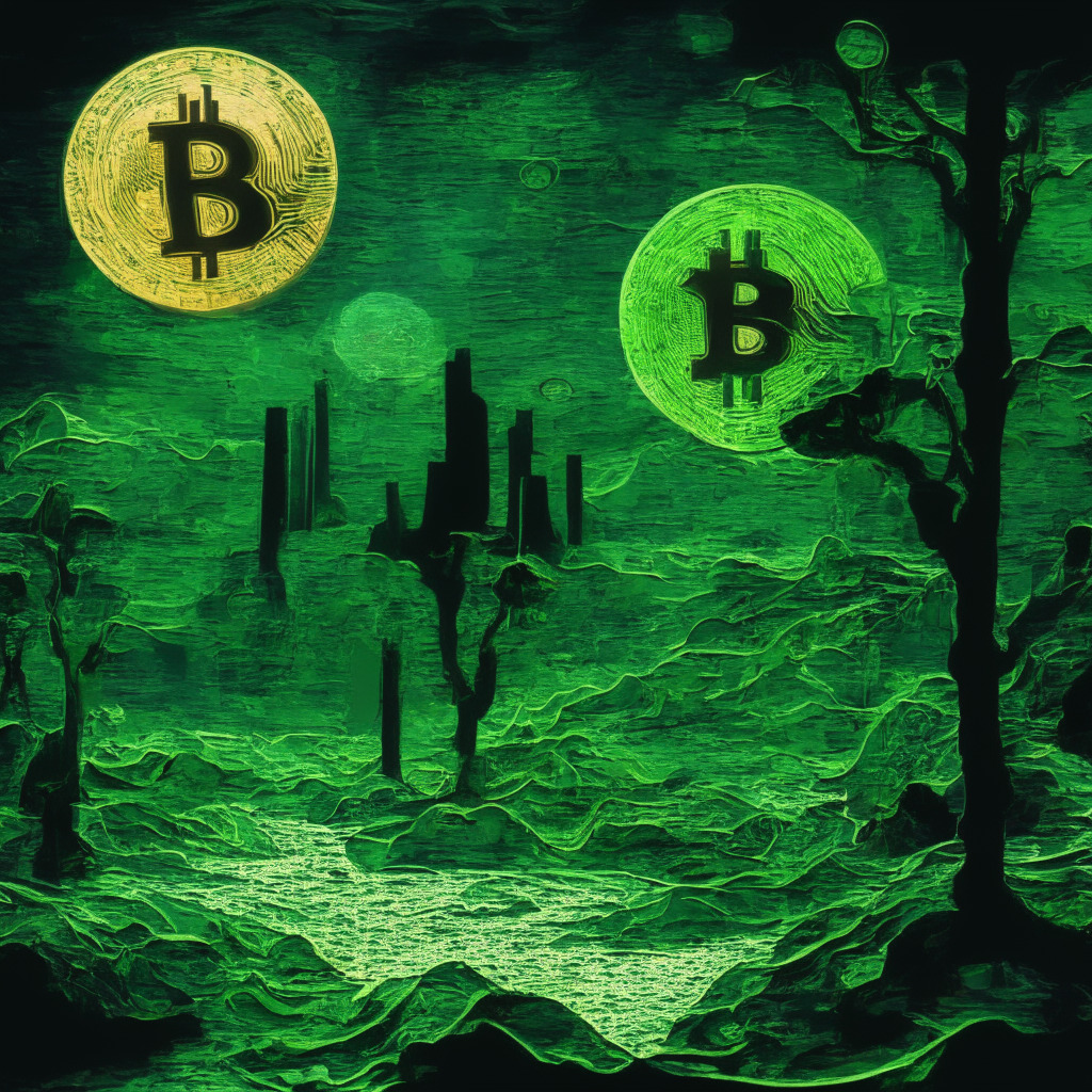 A digital landscape depicting the dynamic world of cryptocurrency, coins symbolizing XRP, SOL, XLM, & BTC rising in prominence should dominate the scene. Elements of light & shadow represent market fluctuations, growth symbolized by green hues, uncertainty with darker tones. Artistic style: Van Gogh's Stroke Style, Mood: Hope amidst Uncertainty.